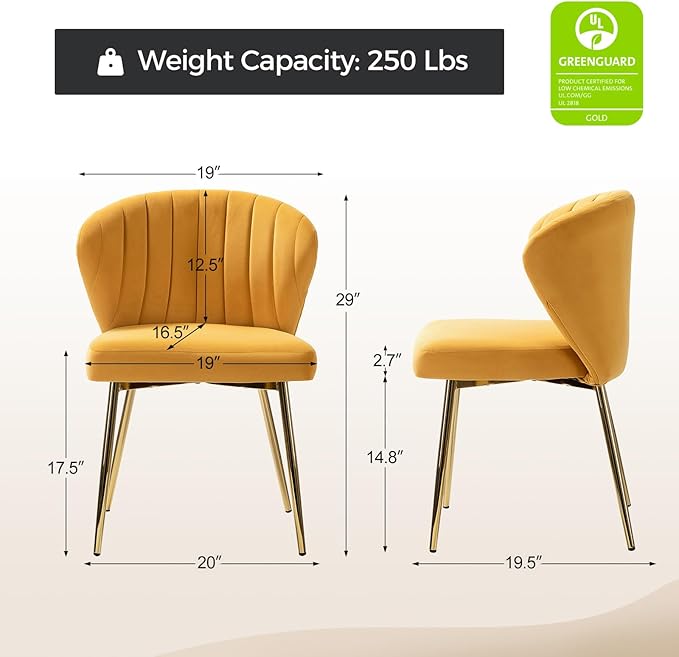 HULALA HOME Dining Chairs Set of 2 Velvet Upholstered Kitchen &amp Dining Room Chairs With Metal Legs Vanity Chair Armless Side Chairs for Living Room Bedroom Restaurant Channel Curved Backrest Mus