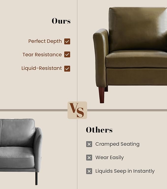 Kingfun Mid-Century Accent Chairs PU Leather Modern Upholstered Living Room Chair Cozy Armchair with Rolled Arms and Deep Seats Olive Green