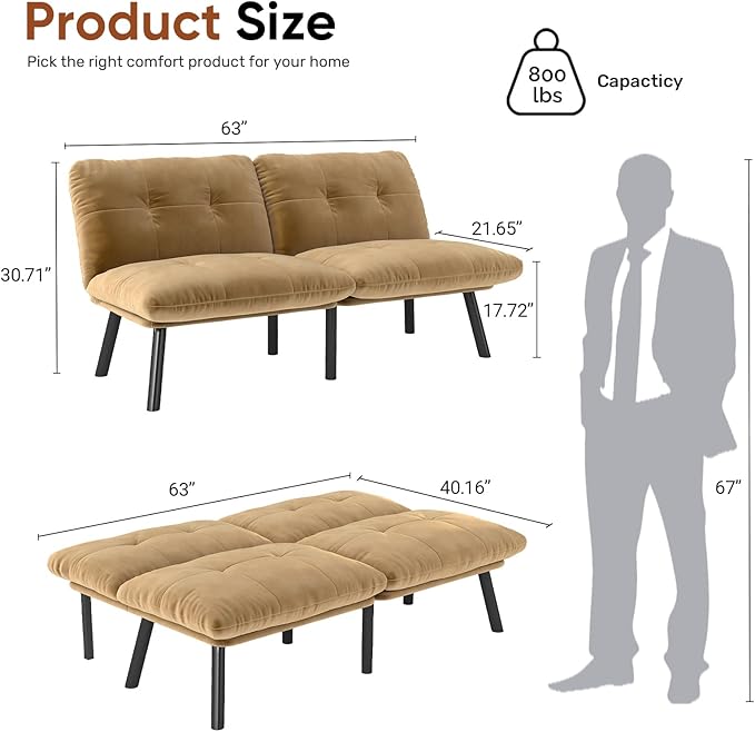Futon Sofa Sleeper Couch Bed with Adjustable Backrest Thick Cushion Velvet Fabric for Department Living Room Lounge Sofa Loveseat (Brown)
