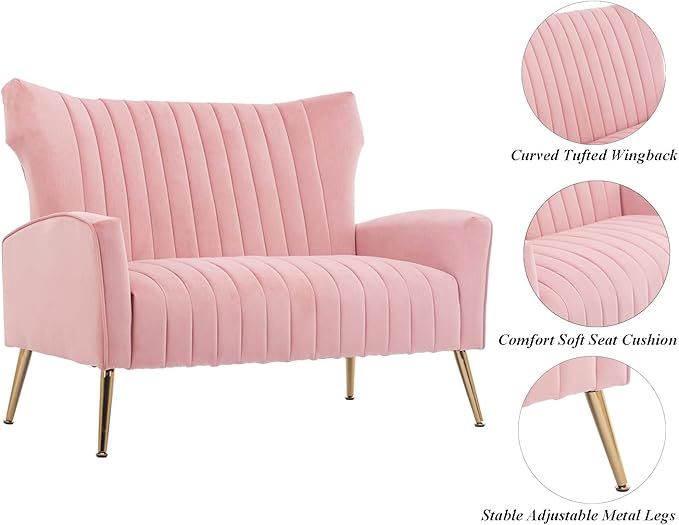Velvet Couch Modern Wingback Loveseat Tufted Luxury Sofa with Gold Legs for Living Room/Bedroom Light Pink
