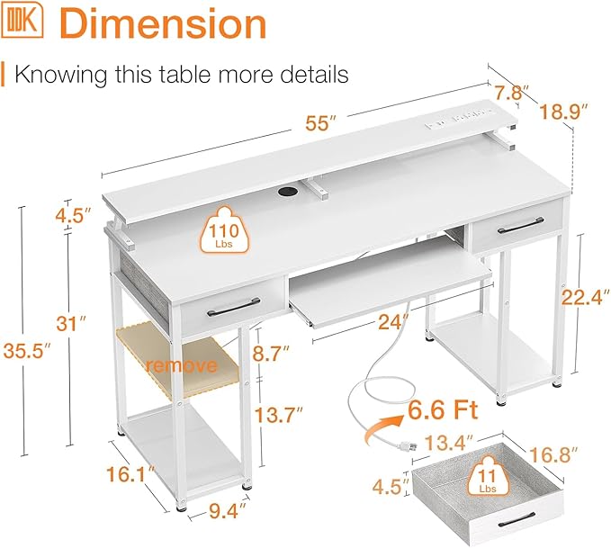 ODK Computer Desk with Drawers 55 Inch Office Desk with Power Outlet and Keyboard Tray &amp Storage Shelves &amp PC Stand Office Table Work Desk with Monitor Stand White