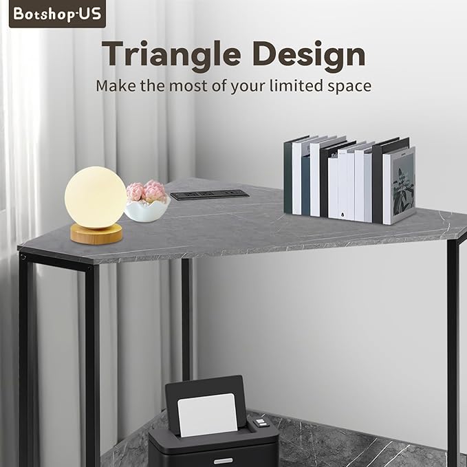 Gdrasuya10 Small Corner Desk Small Space Corner Desk with Power Outlets &amp USB Triangular Corner Workstation Table Storage Writing Desk for Home Office Living Room Bedroom Gray