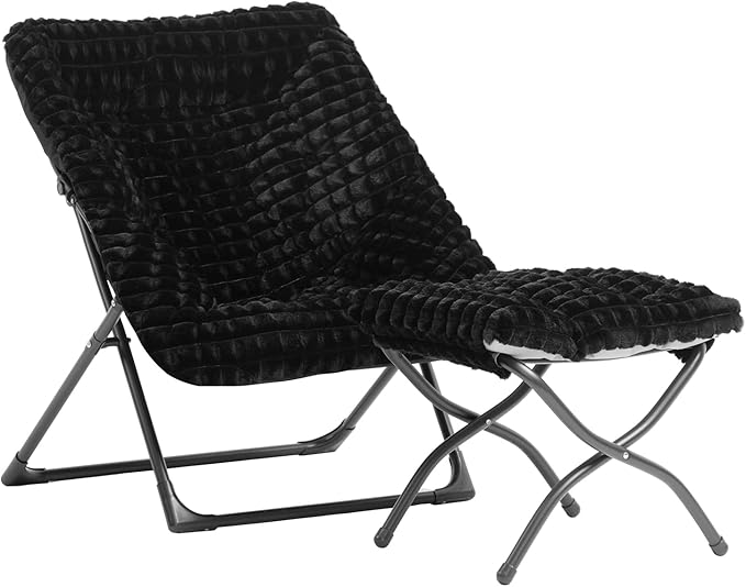 HollyHOME X-Large Saucer Chair with Foldable Ottoman Comfy Oversized Folding Chair and Folding Footrest Stool Set Faux-Fur Reading Chair and Footstool for Living Room Bedroom Black Chair&ampStool