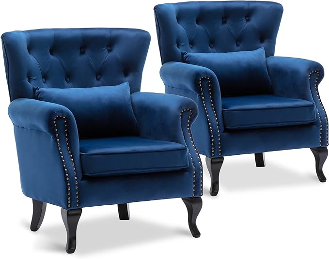 Accent Reading Arm Chairs Set of 2 for Living Room Bedroom Midcentury Modern Comfy Corner Sofa Chair Wingback Waiting Room Club Chair with Button Tufted Back &ampLumbar Pillow Velvet Blue