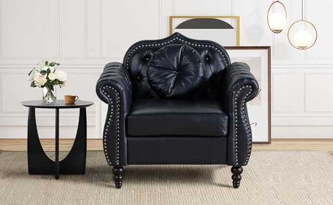 AVZEAR Modern Upholstered Accent Chair Mid-Century Modern Armchair Tufted Lounge Reading Chair with Pillow for Living Room Bedroom Office (Black)