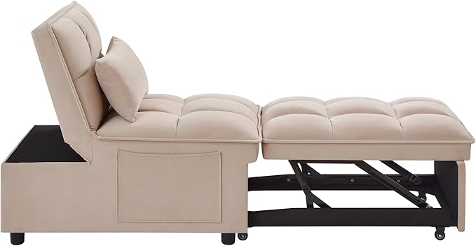 Multi-Function Convertible Single Sleeper Sofa Bed with Storage PocketsVelvet Tufted Pull-Out Couch Bed 4in1 W/Adjustable Backrest &amp PillowsChaise Lounge for Living RoomSmall SpaceTaupe