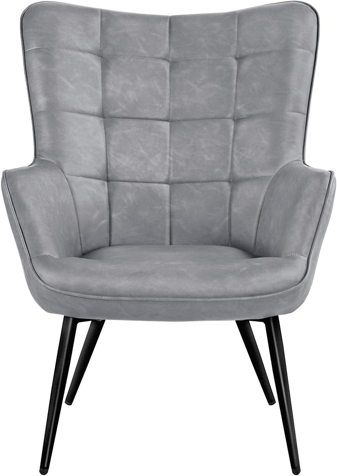 Topeakmart Living Room Chair Accent Faux Leather Chair with Biscuit Tufted Accent Chair with Tapered Legs for Living Room Bedroom Gray