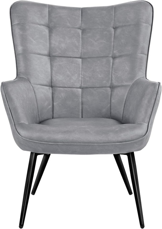 Topeakmart Living Room Chair Accent Faux Leather Chair with Biscuit Tufted Accent Chair with Tapered Legs for Living Room Bedroom Gray