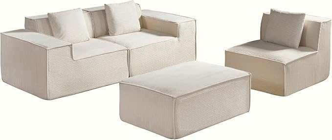 Harper Convertible Corduroy Sectional Couch with Ottoman &amp Pillows Modular L Shaped Sleeper Sofa Boneless Cloud Couch for Living Room Furniture Beige