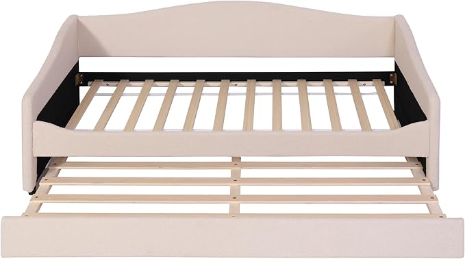 MERITLINE Twin Size Upholstered Daybed with Trundle and LED Light Teddy Fleece Sofa Bed Frame Wood Twin Trundle Bed for Bedroom Living Room Beige