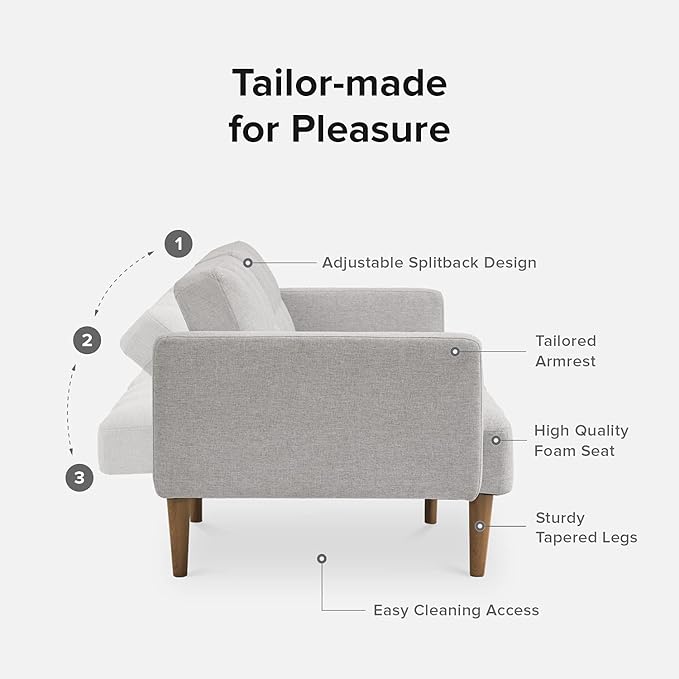 mopio Aaron 76.8 Couch Small Futon Sofa Bed Sleeper Loveseat Mid Century Modern Futon Couch Sofa Cama Couches for Living Room Bedroom (Light Gray Fabric)