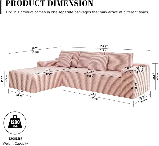 104'' Corduroy Boneless Couch for Living Room Modular Cloud Sectional Couches with Deep Seat Comfy Fluffy Sofas with L-Shaped ChaiseNo Assembly Required2PC Free Combination (Pink)