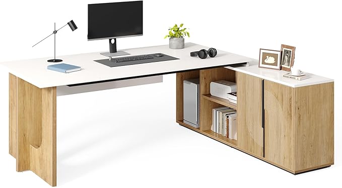 LITTLE TREE 74-Inch Executive L-Shaped Desk with Storage Cabinet &amp Shelves Large Home Office Computer Desk Modern Business Workstation for Professionals (Oak &amp White)