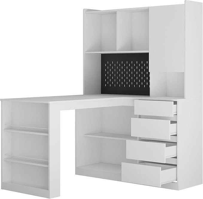 L Shaped Desk Computer Desk with Drawers Bookshelf Charger LED Light Modern Home Office Desk Study Table Writing Desk Corner Gaming Computer Table with Storage Assembly Required (White-C)
