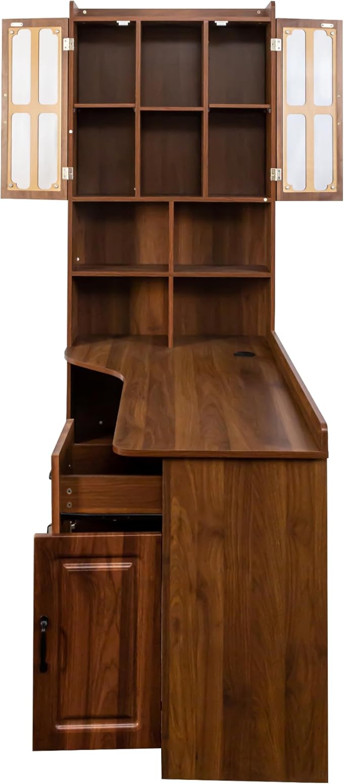 L-Shaped Corner Computer Desk with Bookshelf and Hutch Home Office Desk with Drawer Storage Cabinets Open Shelves and Drawer Work Desk for Bedroom Living Room Anti-Tip Device (Walnut)