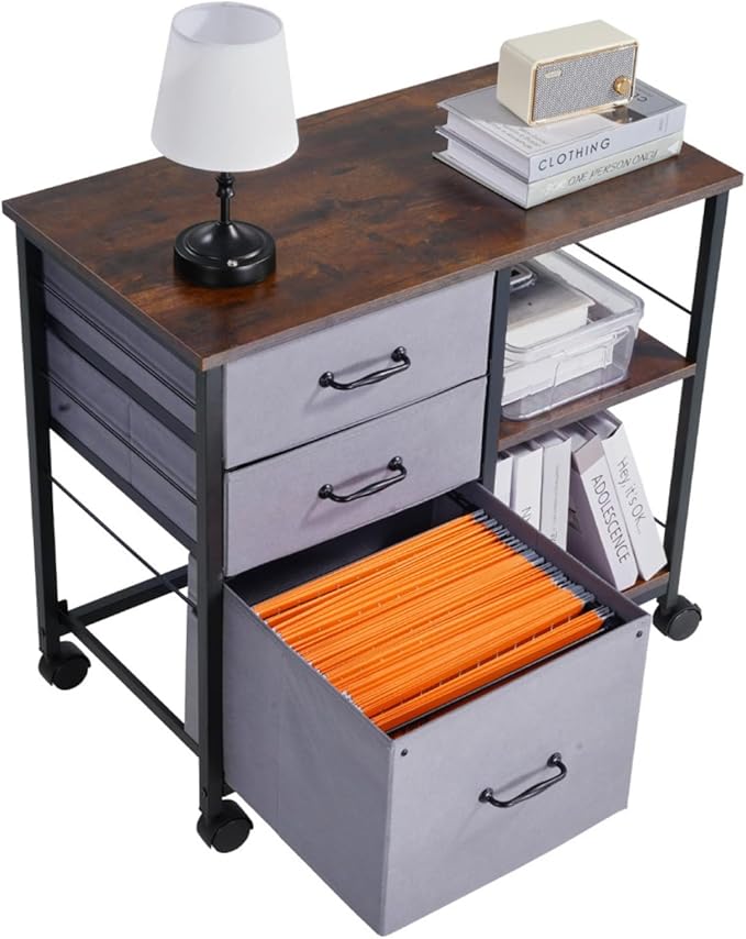 Hassyee Mobile Metal File Cabinet with 3 Fabric Drawers and 2 Open Shelves Multifunctional Office Spacious Storage Cabinet Assembly Required