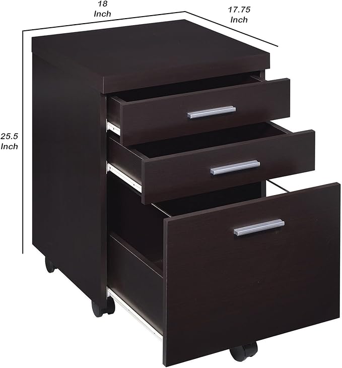 Benjara 26 Inch 3 Drawer Mobile File Cabinet Smooth Caster Wheels Dark Cappuccino