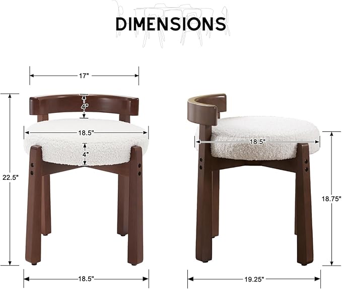 HEAH-YO Wood Vanity Chair with Back Set of 2 Sherpa Upholstered Small Ottoman Footstool Mid-Century Modern Makeup Chair with Solid Wood Legs for Makeup Room Bedroom Living Room White