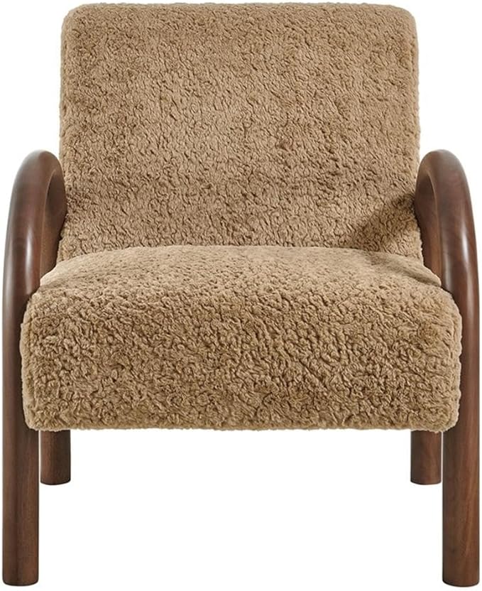 MAKLAINE Contemporary Faux Shearling Accent Armchair Sand Upholstery Solid Wood Frame Arched Armrests High Resiliency Foam Cushion Modern Design for Living Room or Bedroom