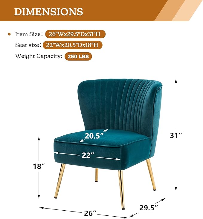 HULALA Home Velvet Accent Chair Set of 2 Modern Armless Upholstered Side Chair with Glam Gold Metal Legs for Vanity Living Room Bedroom - Teal