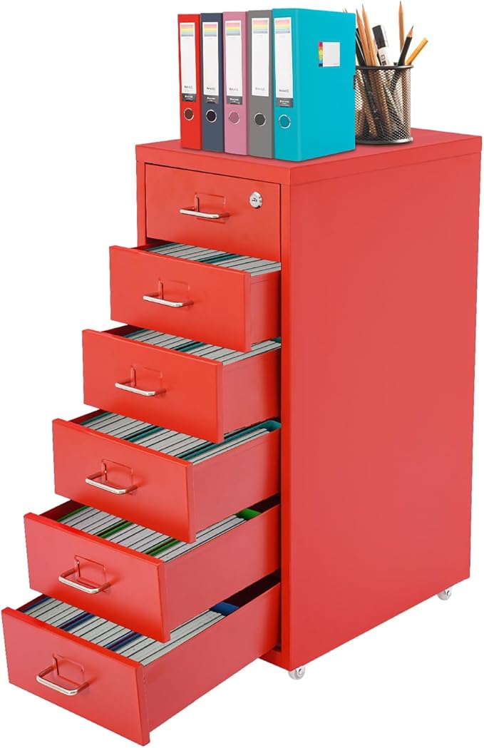 6 Drawers Mobile File Cabinet Rolling Vertical Filing Cabinet Under Desk Storage Organization 16 D x 11 W x 27 H (Red)