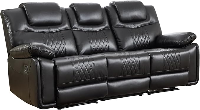EBELLO Faux Leather Manual Reclining Sofa Overstuffed Armrest 3 Seat Recliner Sofa Reclining Couch for Living Room Meeting Room Bedroom Black