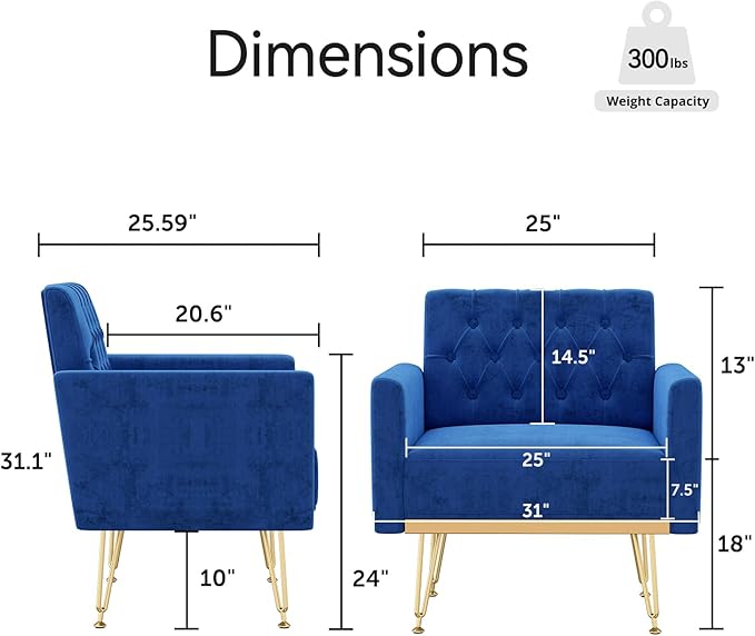 Olela Accent Chair with Arm for Living Room Velvet Modern Armchair Single Sofa Cozy Tufted Upholstered Reading Side Chairs with Gold Metal Leg for Bedroom Decorate Dark Blue