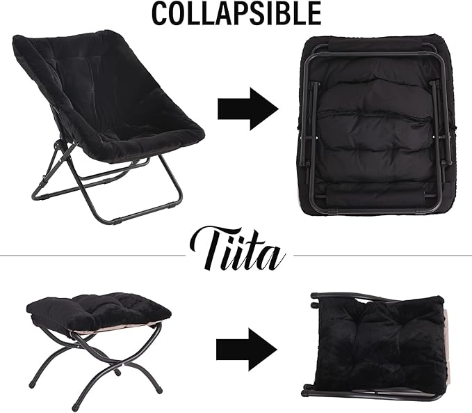 Tiita Folded Chair with Ottoman Soft Faux Fur Oversized Folding Accent ChairLazy Chair Metal Frame Moon Chair for Bedroom Living Room Dorm Rooms Garden and Courtyard