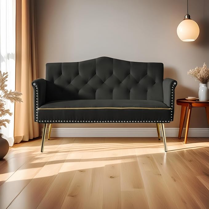 Small Velvet Loveseat Sofa with Gold Metal Legs55-inch Modern Sofa Couch with 2 Side PocketsCouch with Tufted Backrest for Living Room Bedroom Office (Black)