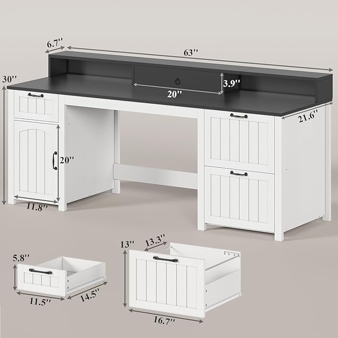 SEDETA Farmhouse 63 Executive Desk Home Office Desk with File Drawer and Monitor Stand Computer Desk with Drawers and Storage Cabinet Wood Desk for Work Study Writing White