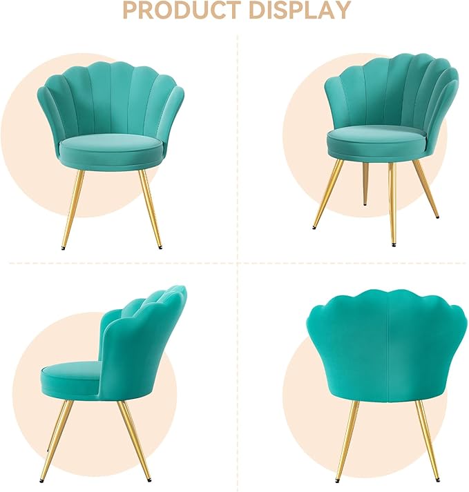 Velvet Accent Chair with Gold Metal Legs Vanity Chair for Makeup Room Upholstered Guest Chair for Living Room Side-Chair for Bedroom Cyan