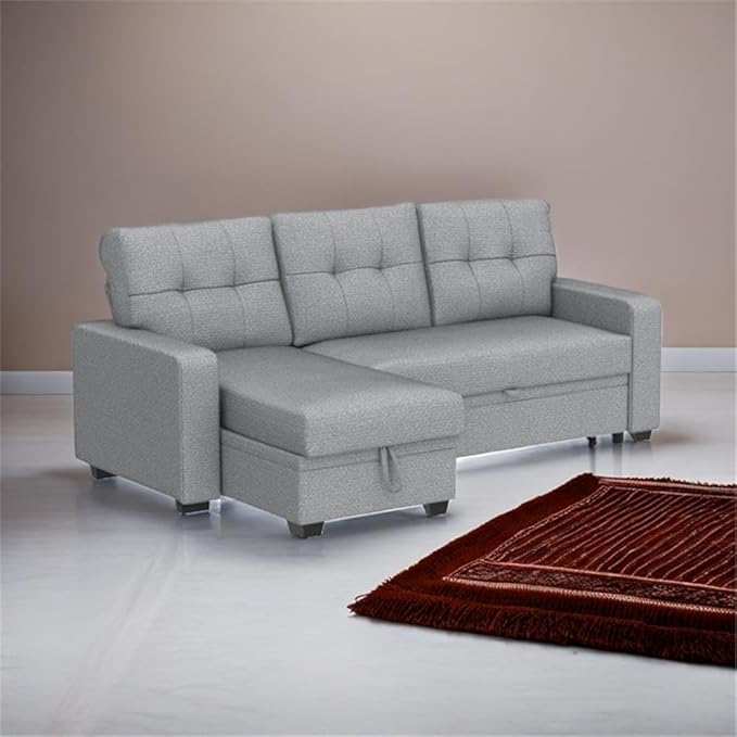 Devion Furniture L-Shaped Polyester Fabric Reversible Easy Convertible Pull-Out Sleeper Sectional Sofa/Storage Chaise with Tufted Back Cushions and Track Arms in Light Gray