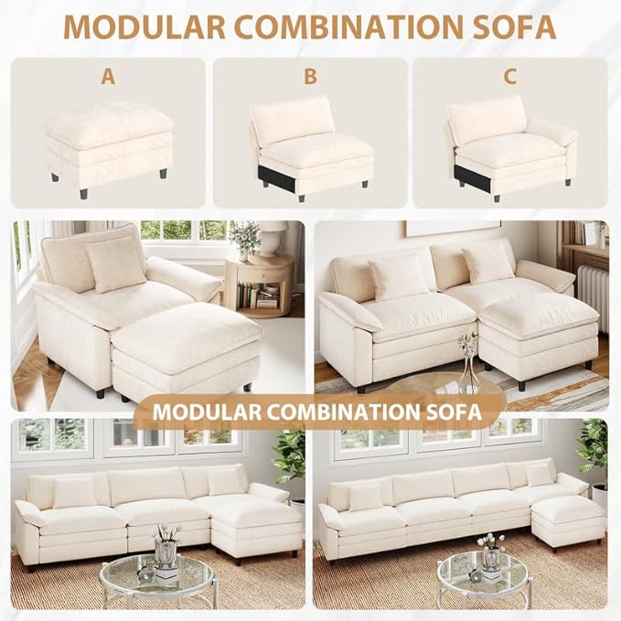 120 Sectional Sofa L-Shape Chenille Fabric with Pillows and Cushion3 Seat Modern Sofa Couch for Living Room Bedroom with 1 OttomanBeige