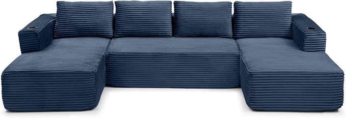 132 Inch Modular Sectional Sleeper Sofa Boneless Cloud Couch for Living Room U Shaped 5 Seat Sofa with 2 Cup Holders Free Combination No Assembly Required (Blue)