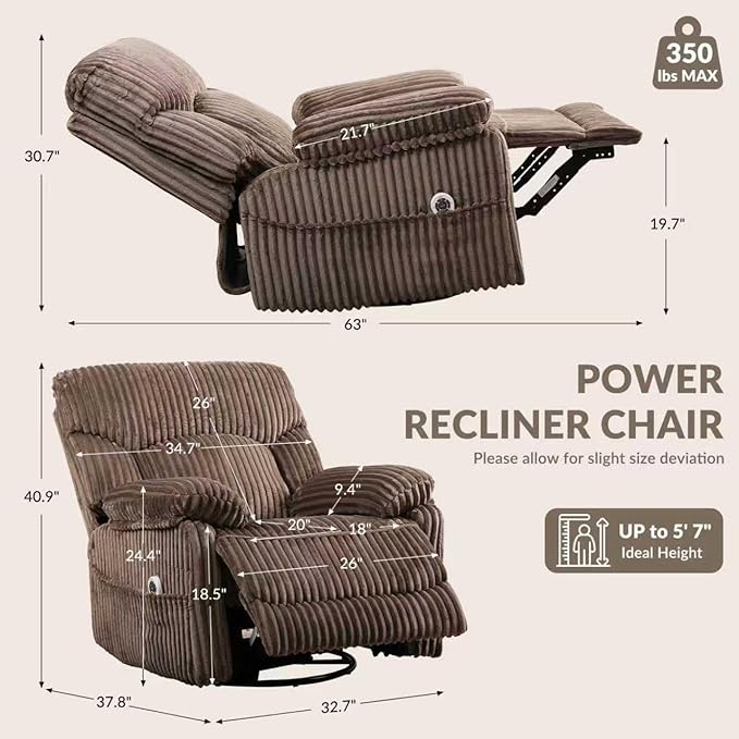 GRAINELL Swivel Rocker Recliner Chair with Massage and Heat USB Charging Port Infinite Position Power Recliner Electric Glider Rocking Chairs for Living Room Nursery (Brown)