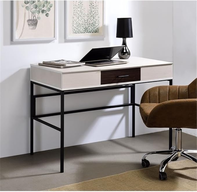 BOWERY HILL Wooden 1-Drawer Writing Desk Natural and Black Finish 42 W x 22 D x 31 H Built-in USB Ports and Outlets Flip-Up Compartments Industrial Design Home Office Desk