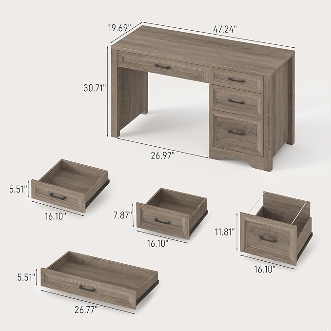 Vabches Farmhouse Executive Desk with Drawers Home Office Desk with File Drawer Wood Computer Desk with Ample Storage Rustic Office Desk with Spacious Tabletop for Work Grey