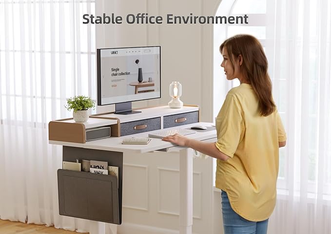 Claiks Standing Desk with Drawers &amp Power Outlet 48 Height Adjustable Computer Desk with USB C Port Sit Stand Home Office Desk with Monitor Stand Storage Shelves &amp Side Bag White