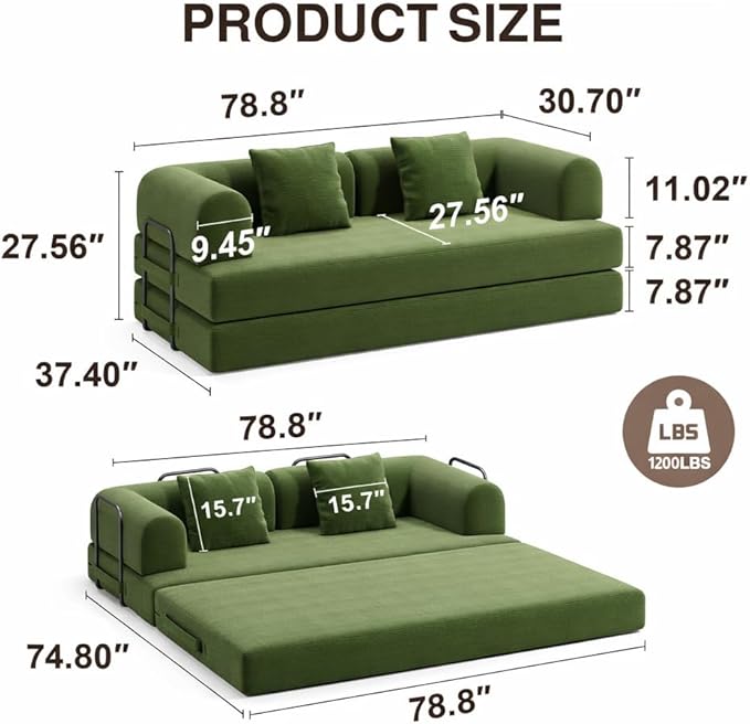Ahomly 78.8'' Convertible Sofa Bed5-in-1 Boneless Couch with Removable ArmrestsFolding Futon Sofa Bed Includes 2 PillowsComfy Pull Out Couch for Living RoomNo Assembly RequiredGreen