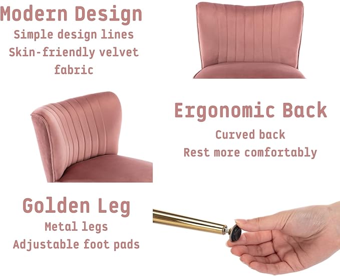 Pink Velvet Accent Chairs Set of 2 with Golden Legs Upholstered Side Chairs Mid-Century Modern Slipper Chairs for Guest Room Comfy Armless Wingback Corner Single Sofa Living Room Chairs