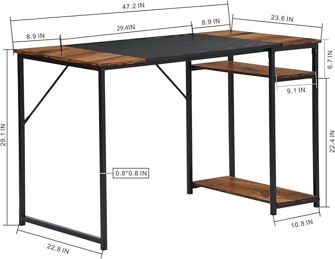 FurnitureR 47.2 inch Study Writing Table with Storage Shelves Space Saving for Home Office Modern Simple Style PC Metal Frame Computer Desk Black&ampBrown
