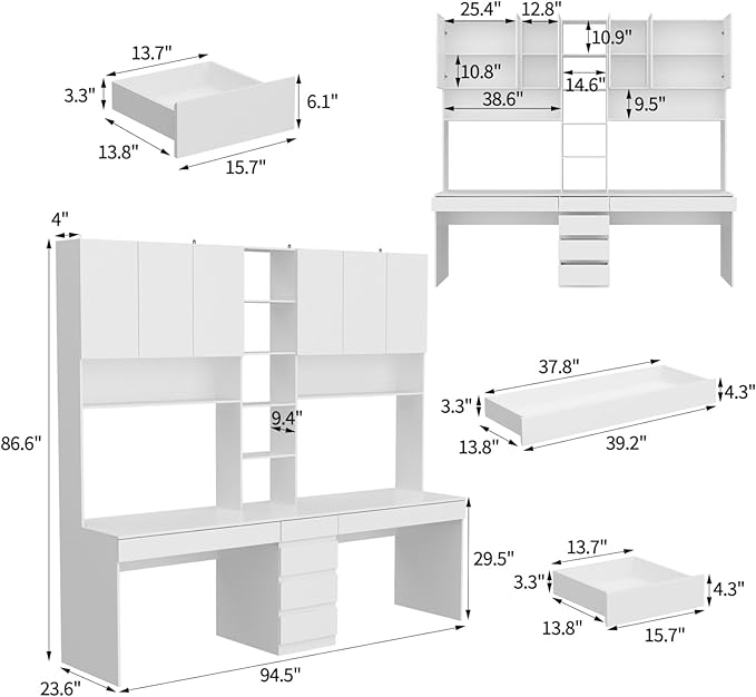 2 Person Computer Desk with 6 Drawers &amp Doors 94.5” Large Double Office Desk with Bookshelves &amp Hutch Long Writing Table White 94.5”W x 23.6”D x 86.6”H