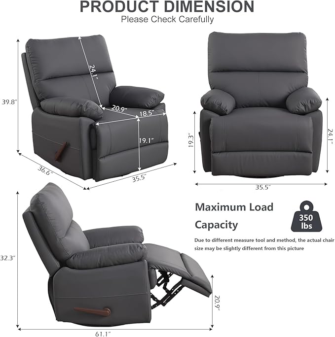 Manual Recliner Chair with Lever Handle 360° Swivel Elderly Rocker Recliner Chairs Single Seat upholstered Recliner Sofa Chair for Living Room Apartment (Dark Grey)