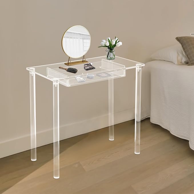 Acrylic Makeup DeskClear Computer DeskFree Standing Makeup Table with Drawer31.50 * 29.53 * 15.75 inch Modern Study Writing Table for Home Office
