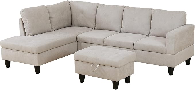 97 Oversized Sectional Couch L Shaped Couch with Storage Ottoman Modern Modular Sofa with Deep Seat Sectional Couches for Living Room and Office Off-White (Flannelette)