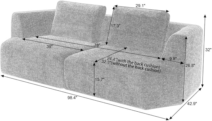 Sofa in a Box Oversized 3 Seater Memory Foam Boneless Couch w/Curved ArmsPlush Chenille Upholstered Cloud Modular LoveseatNo Assembly Needed Compression Sofa