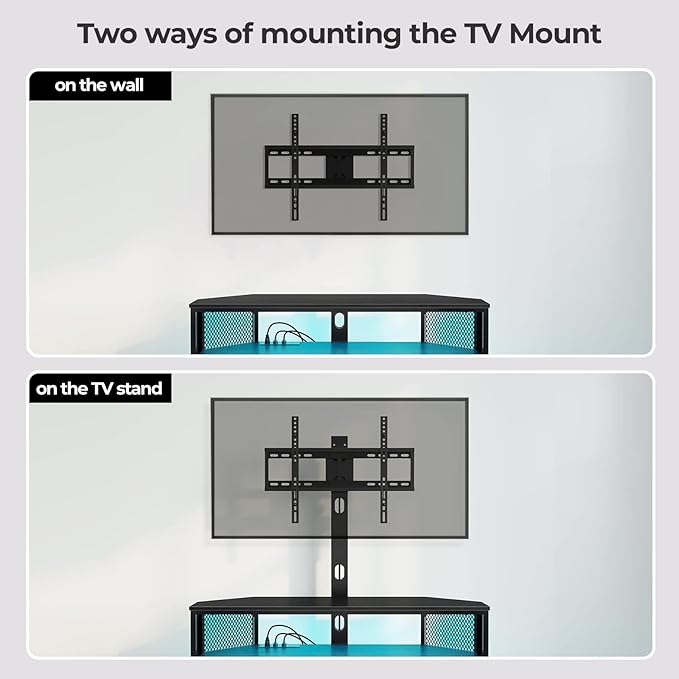 Rolanstar TV Stand with Mount and Power Outlet Swivel TV Stand with LED Lights for 32/45/55/60/65/70 inch TVs Black Entertainment Center Media Console with Height Adjustable Mount
