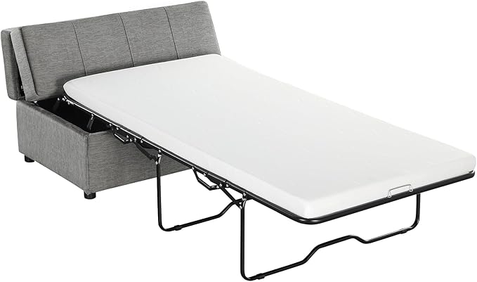 Folding Ottoman Sleeper Bed with Mattress Wood Legs and Chenille Fabric Convertible Chair into Sofa Bed Pull Out Ottoman Lounge for Small Space (Dark Gray * 9)