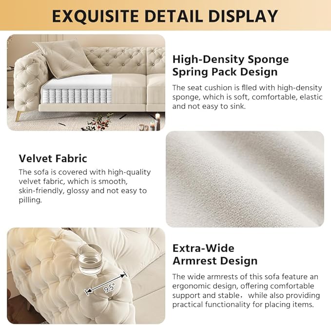 Ball &amp Cast 3-in-1 Convertible Sleeper Sofa with Movable Ottoman97.7 Velvet Pull Out Sofa Bed Modern Button Tufted 4-Seater Sofa Couch with Deep Seat for Living Room ApartmentOfficeBeige