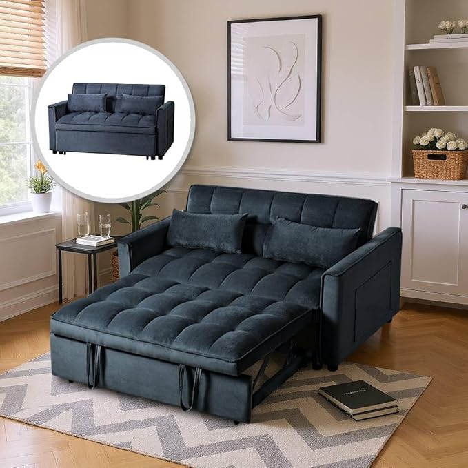 3 in 1 Pull Out Sofa Bed 52.75 Sleeper Sofa Bed with 3-Level Adjustable Backrest Velvet Fabric Loveseat Sleeper Couch for Living Room &amp Bedroom &amp Apartment &amp Dorm Furniture Black
